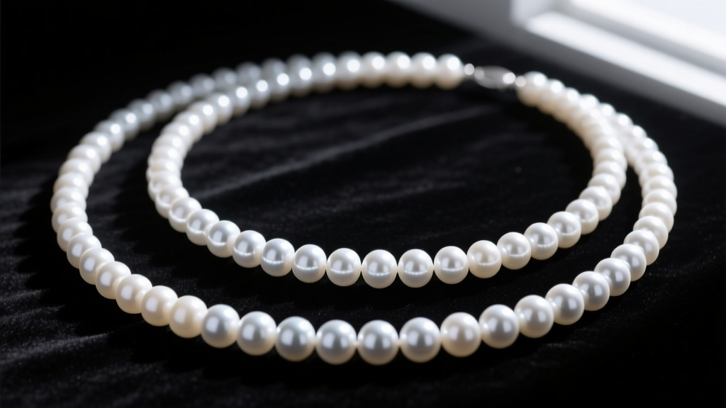 Overhead view of three strands of graded white saltwater pearls on black velvet, showing matched luster and overtone consistency.