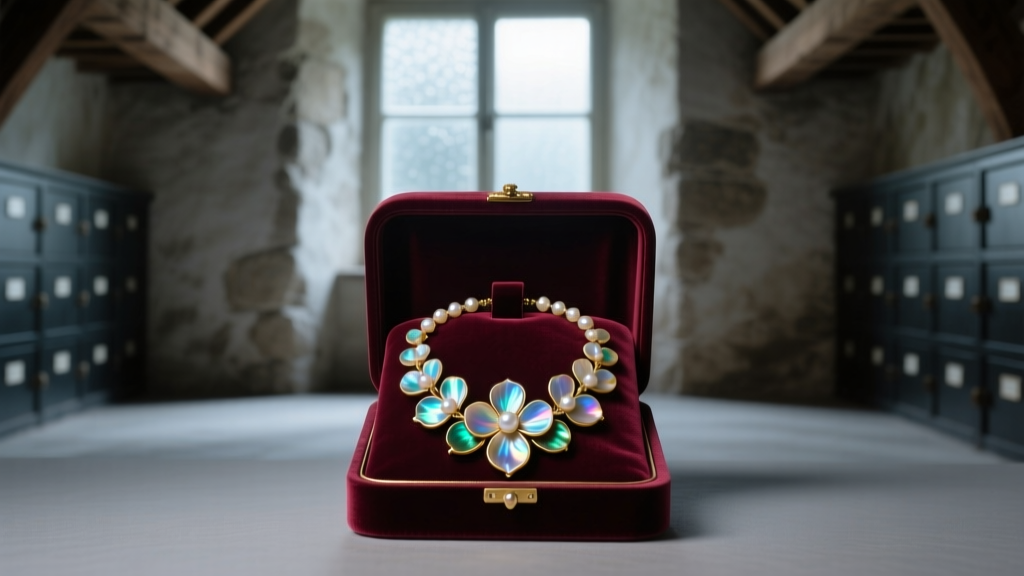 Velvet-lined jewelry box holding a restored mother of pearl flower necklace, stored safely in a cool, dry, and dimly lit room.