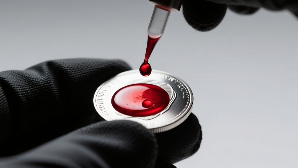 A jeweler performing an acid test on a suspicious silver coin, with a drop of testing liquid turning dark red on the stone