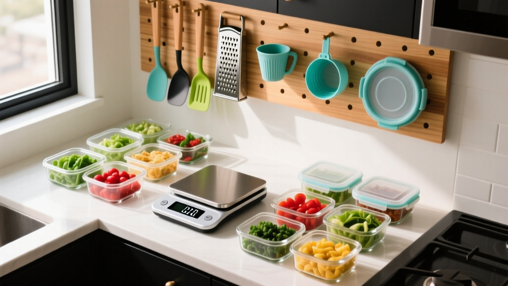 Overhead view of budget meal prep station with digital food scale, glass bento boxes, and kitchen gadgets hooks on wooden pegboard