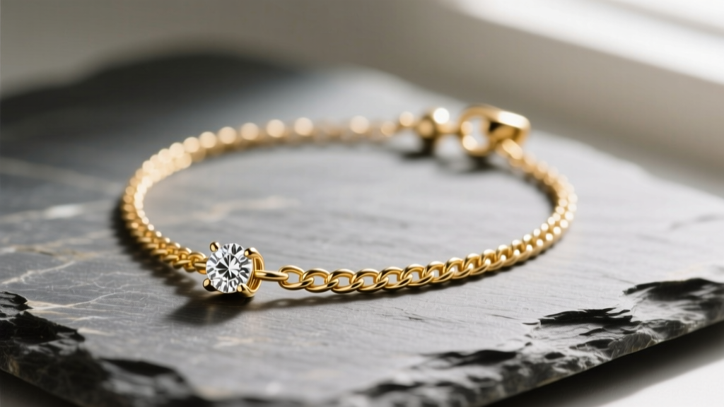 Close-up of a 14k gold Samantha necklace with a diamond pendant on slate, showing fine twisted links and a small spring ring clasp