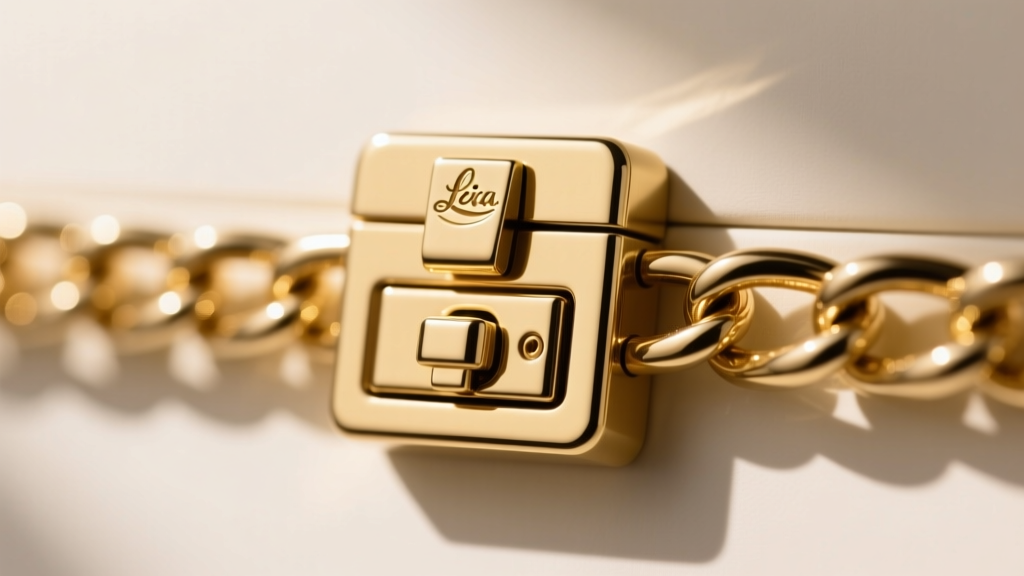 Macro photo of a box clasp with dual safety catches on a thick gold chain, highlighting the intricate locking mechanism details.