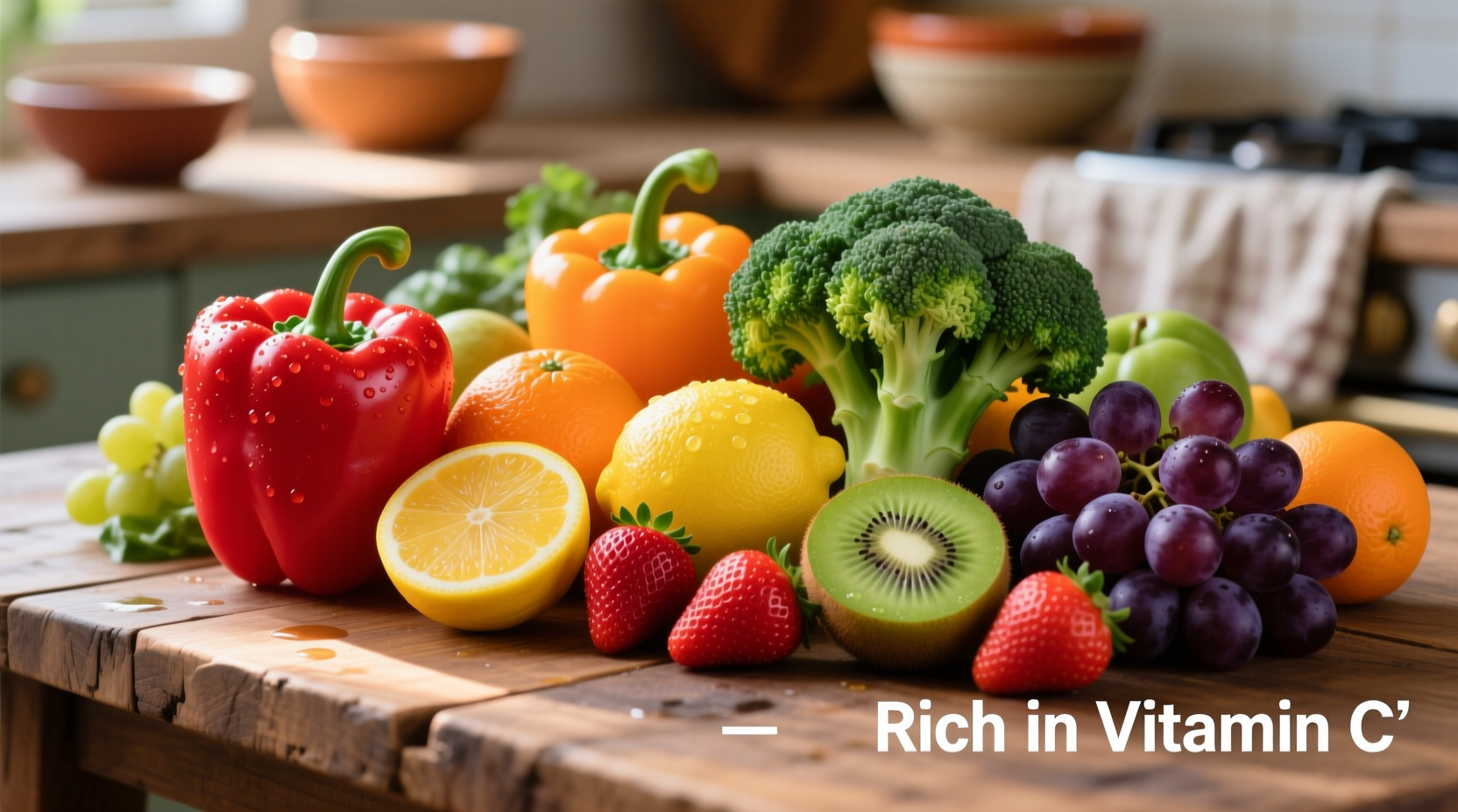 Colorful array of vitamin C rich fruits and vegetables
