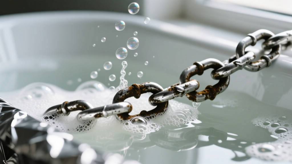Close-up of a bubbling aluminum foil bath showing a heavily oxidized sterling silver chain submerged in hot baking soda solution