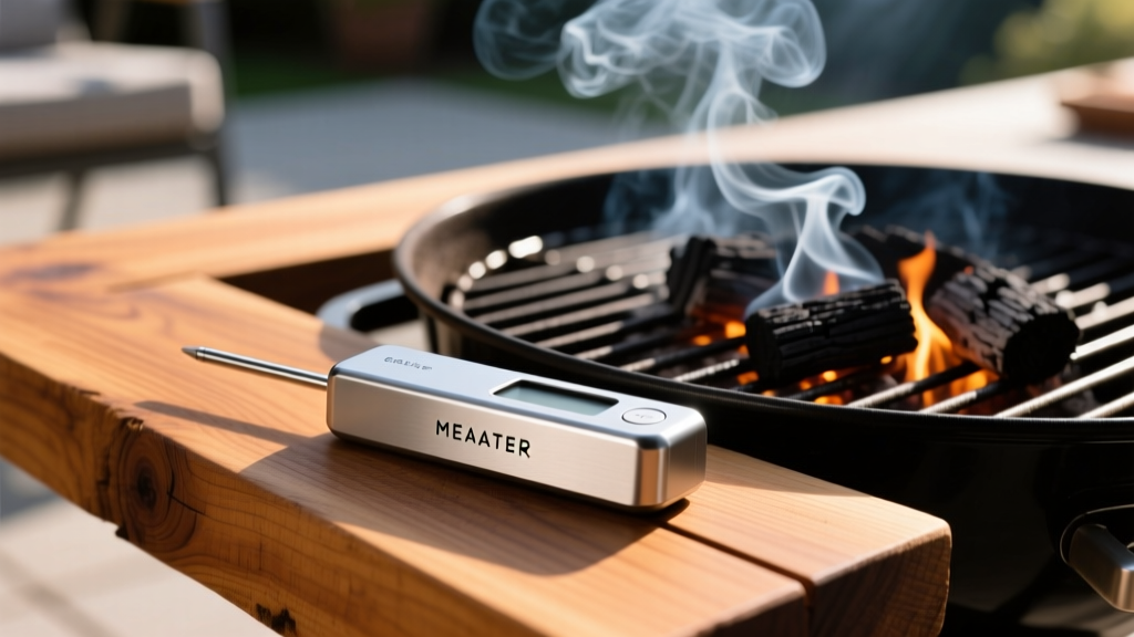 Close-up of a stainless steel MEATER Block smart thermometer resting on a cedar plank next to a smoking charcoal grill
