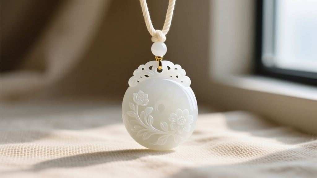 A beautifully carved white mutton fat nephrite pendant necklace on a silk cord, displayed against a muted beige linen background.