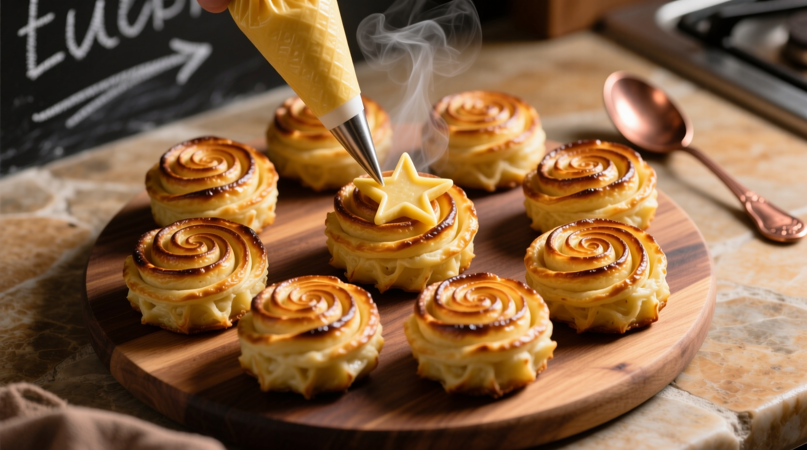 Piped duchess potato rosettes golden brown