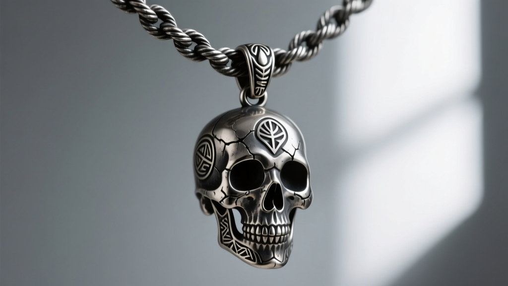 Heavy 4mm oxidized sterling silver rope chain with a secure lobster clasp supporting a large, heavy voodoo skull pendant.