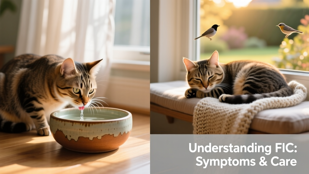 Side-by-side photos: one showing a relaxed cat drinking from a wide ceramic water bowl, another showing the same cat resting calmly near a window perch with soft bedding