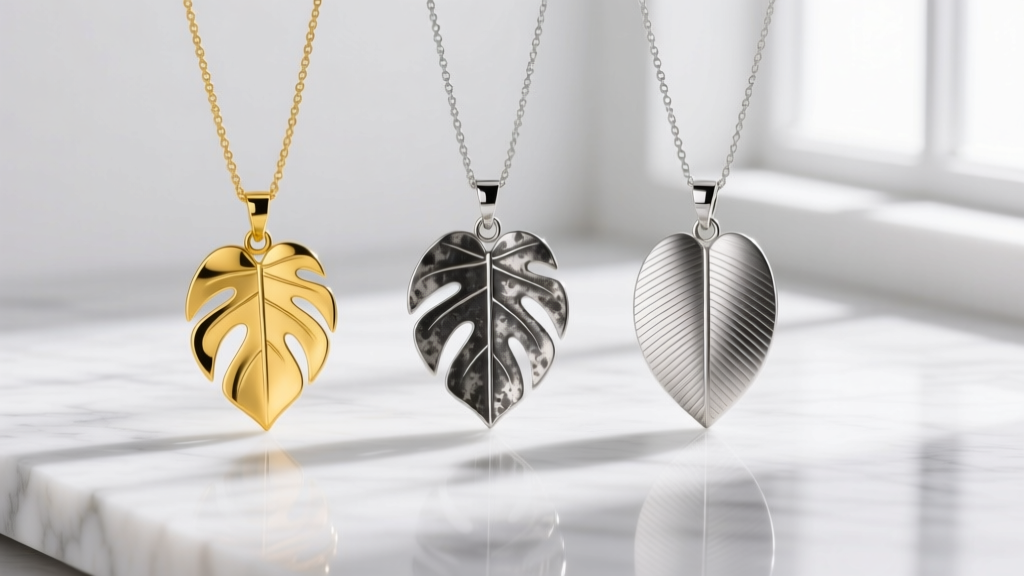 Three pot leaf pendants on white marble: yellow gold, oxidized silver, and brushed steel, highlighting distinct metal finishes.