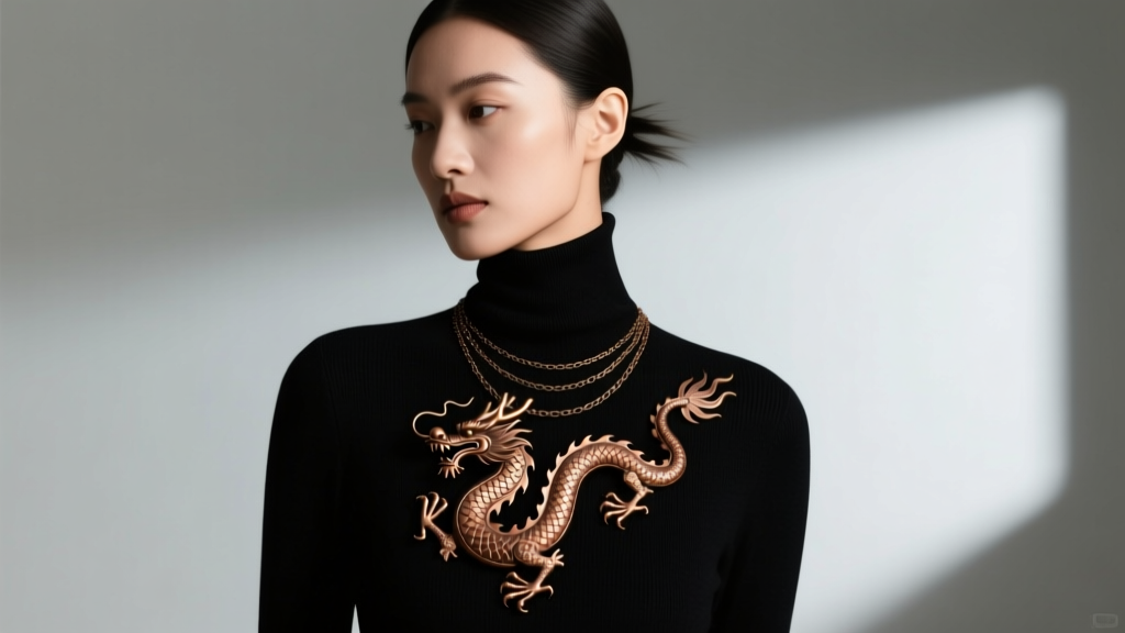 Model wearing a layered stack featuring a 22-inch bronze dragon pendant necklace over a black turtleneck sweater in soft daylight.
