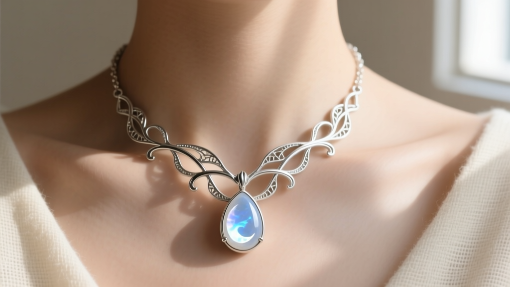 Sterling silver elven necklace with vine motifs and a teardrop moonstone resting on a collarbone in soft natural light.