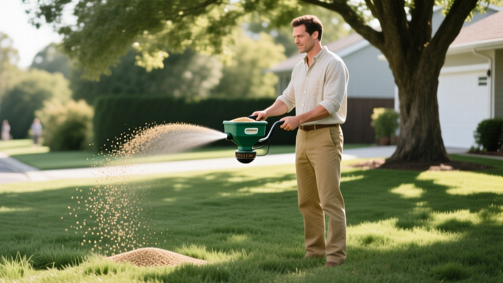 Homeowner using a broadcast spreader to apply a tall fescue and fine fescue seed blend across a partially shaded lawn
