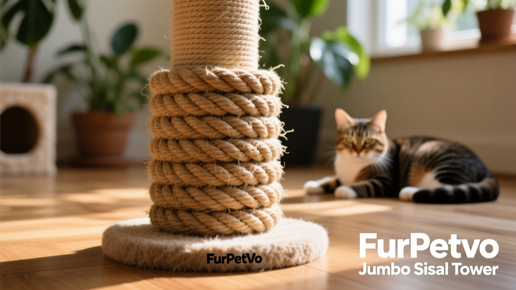Close-up of thick, tightly wound sisal rope on FurPetVo Jumbo Sisal Tower, showing texture and durability