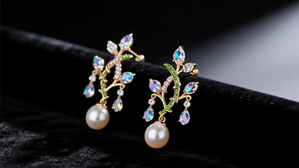 Close-up of Briar clip earrings on dark velvet, highlighting the intricate vine-like crystal and pearl botanical design.