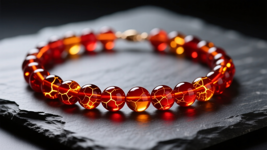 Macro photograph of a cherry red amber bead necklace on dark slate, warm directional light highlighting internal stress fractures