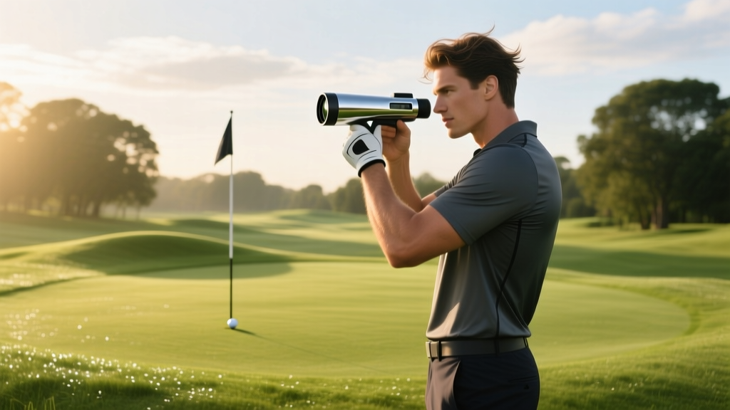 A golfer on a lush green fairway using a sleek laser rangefinder to measure the exact distance to the pin on a sunny morning.