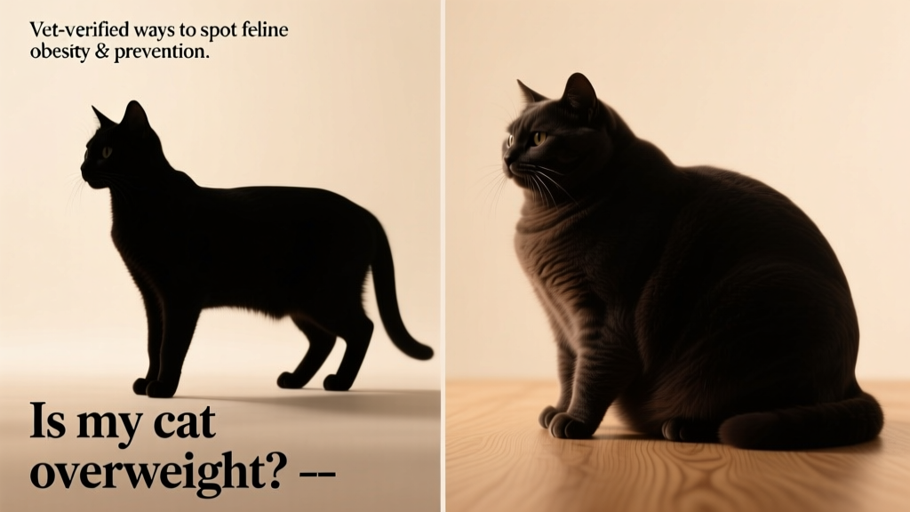 Side-by-side comparison showing a healthy cat silhouette versus an overweight cat, highlighting visible waistline and abdominal tuck