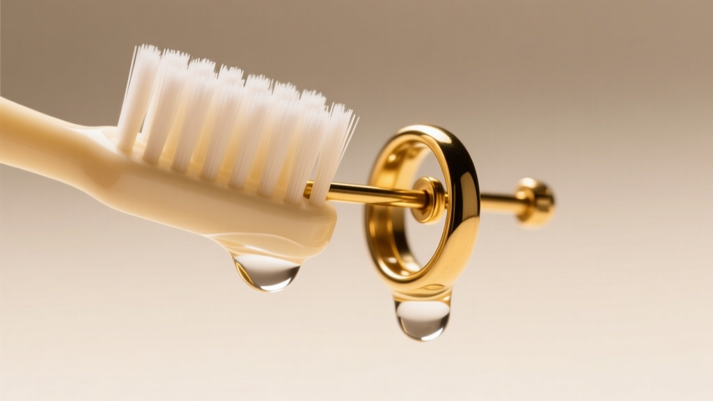 Close-up of a soft-bristled baby toothbrush gently scrubbing a gold-plated brass earring post using distilled water and mild soap