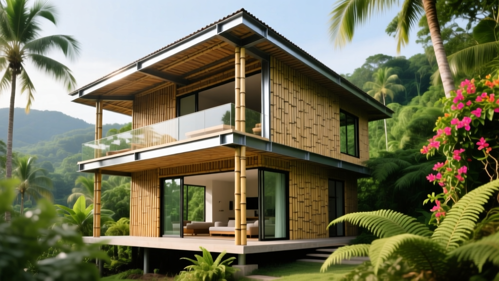 Two-story bamboo house frame with treated Guadua poles and steel joinery set in a tropical landscape beside blueprints