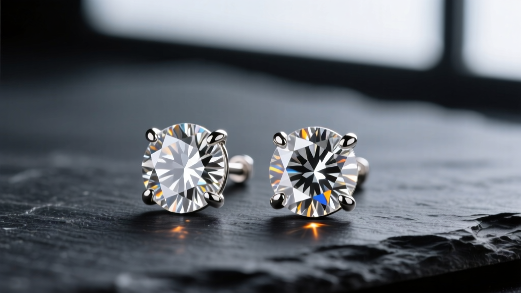 Macro shot of 6mm round brilliant diamond stud earrings on dark slate, showing 4-prong platinum settings and bright light return.