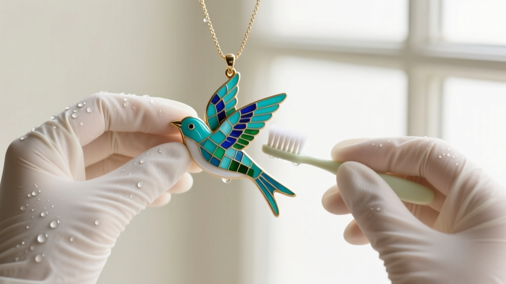Hands wearing nitrile gloves gently brushing a turquoise inlay bird pendant with a soft baby toothbrush and mild sudsy water.