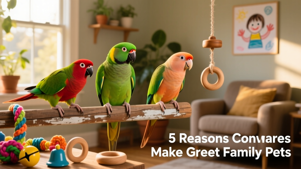 Three conures—a green-cheeked, a crimson-bellied, and a peach-fronted—perched together on a wooden perch with toys nearby