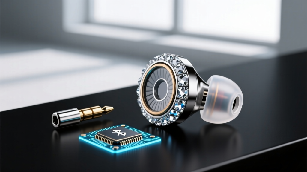 Technical diagram of a crystal stud audio earbud showing the 16-gauge titanium post, Bluetooth chip, and directional speaker