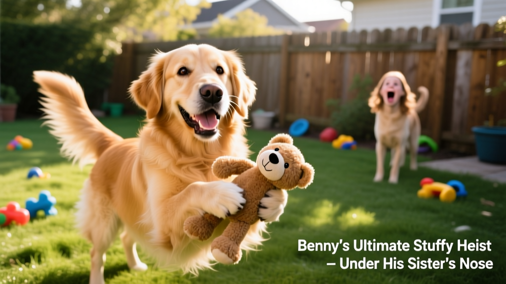 Benny proudly shaking the stolen stuffy just out of frame, tail wagging mid-celebration