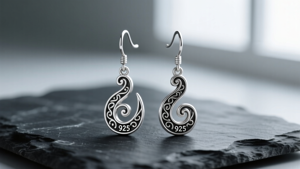 Close-up of sterling silver scroll drop earrings on dark slate, highlighting oxidized filigree details and the 925 stamp.