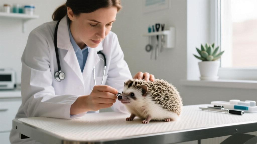 A veterinarian gently examining a calm hedgehog’s eyes and mouth during a routine wellness checkup