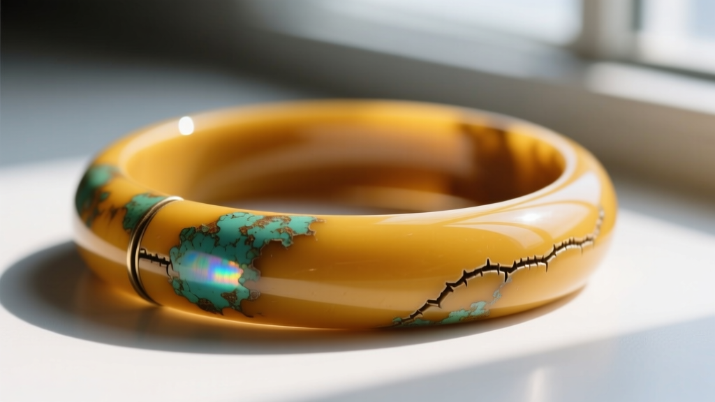 Close-up of a carved Bakelite bangle bracelet in butterscotch yellow, showing oxidation patina and seam lines under bright light.