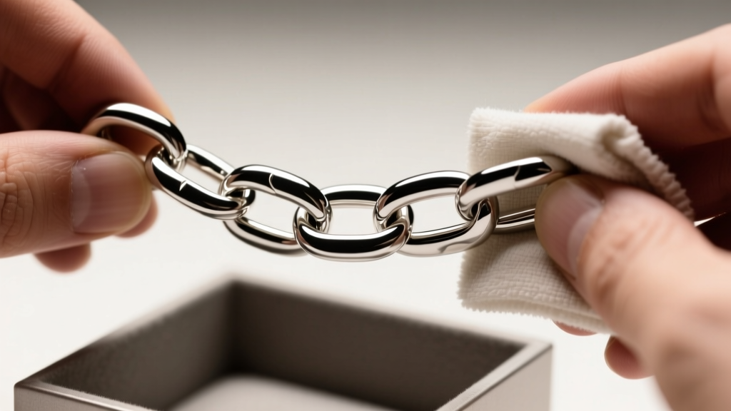 Hands polishing a platinum box chain with a microfiber cloth, showing the contrast between dull and highly reflective metal links.