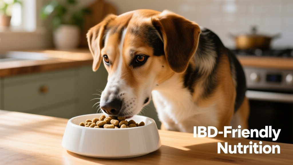 Dog eating from a clean ceramic bowl containing a small portion of high-quality, vet-approved kibble