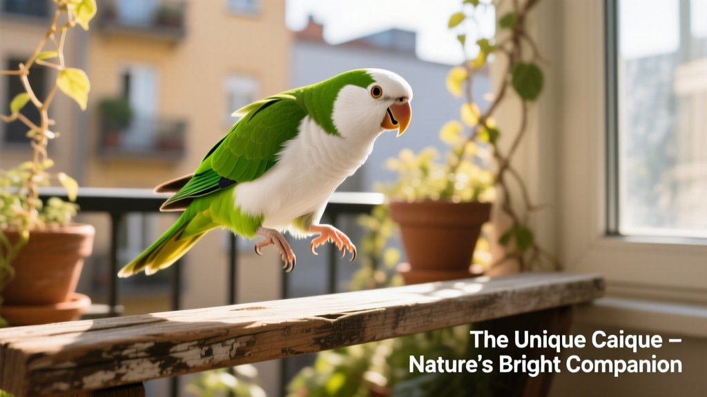 A lively white-bellied caique mid-hop on a perch, showing its bright green back and snowy-white belly