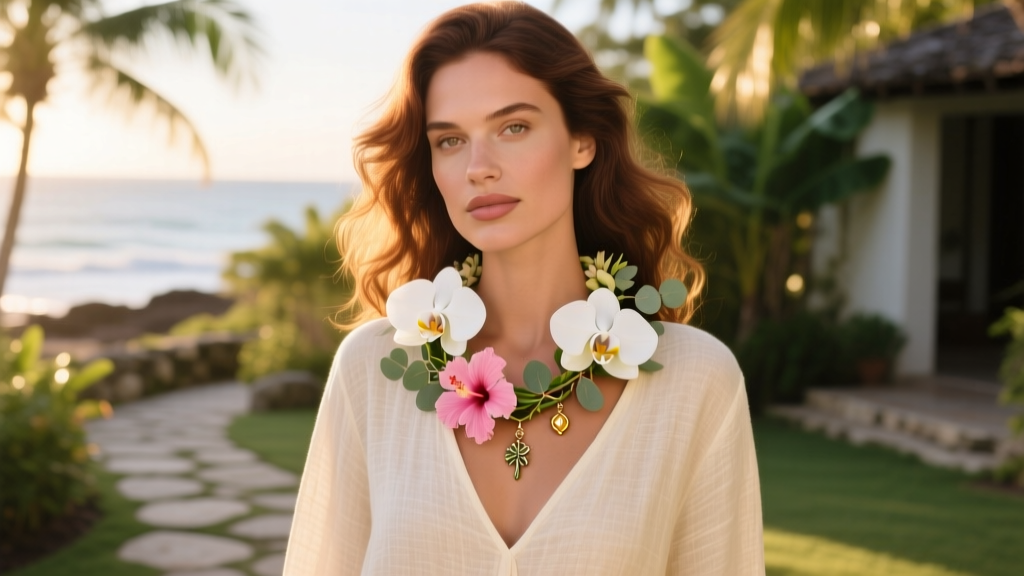 Woman wearing a flower lei necklace over a cream linen V-neck top, with delicate botanical pendants catching warm natural sunlight.