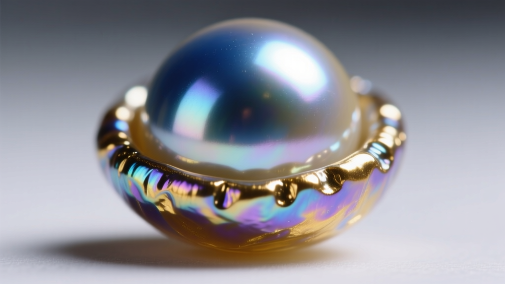 Macro view of a glass pearl simulant edge, revealing thick bismuth pearlescent coating layered over a solid round glass bead core
