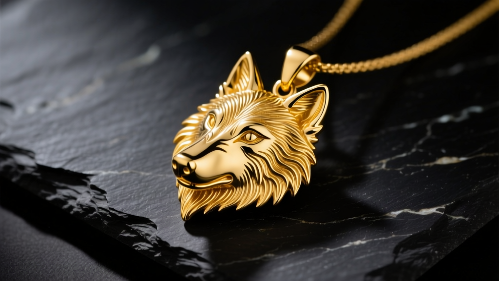 Detailed 14k solid yellow gold wolf head pendant resting on dark slate, dramatic moody studio lighting highlighting textured fur