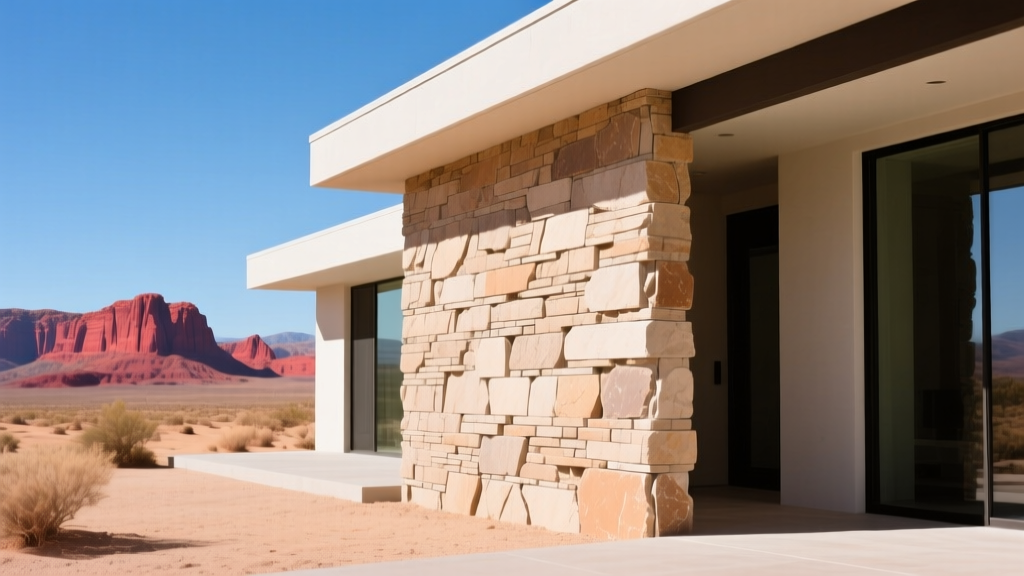 Exterior manufactured stone veneer on a modern Las Vegas home showing dust accumulation in crevices under bright desert sunlight with distant red rock mountains