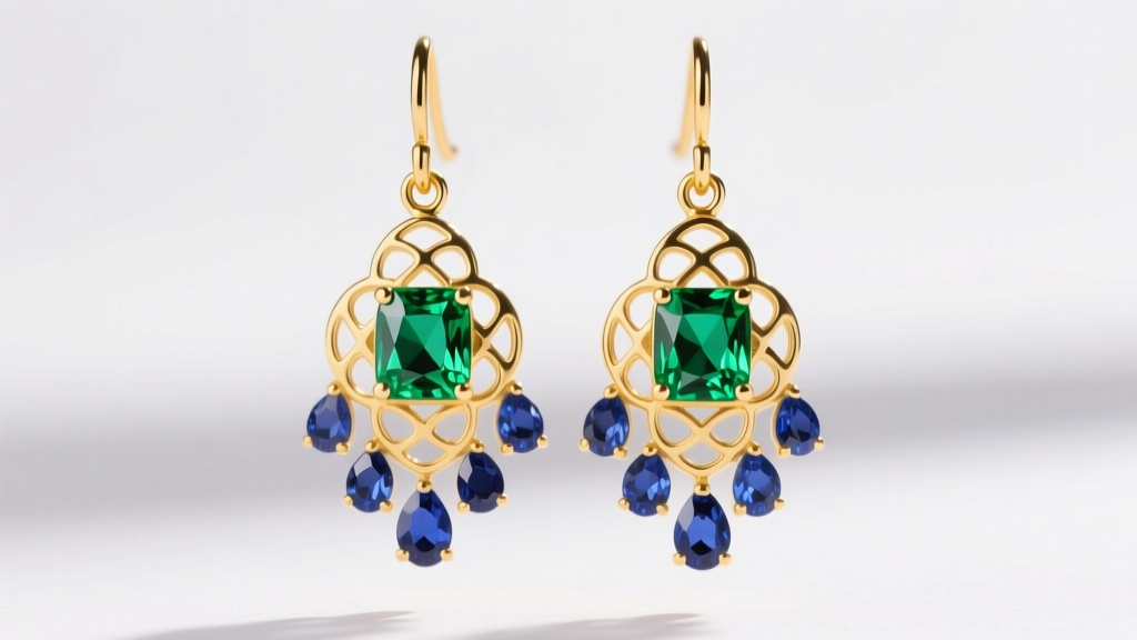 Vibrant macro photograph of 18k yellow gold drop earrings featuring vivid green tsavorite garnets and deep blue sapphires