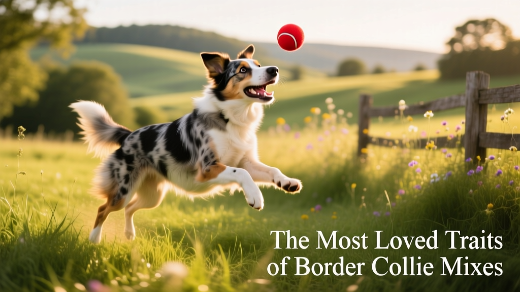A joyful Border Collie mix playing fetch in a sunlit meadow