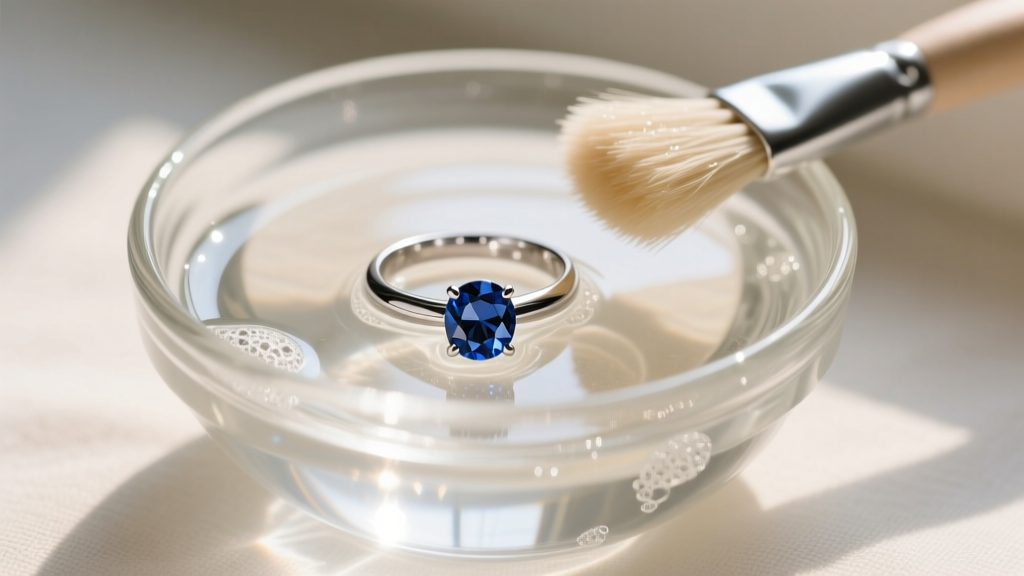 Overhead view of a platinum sapphire ring in a glass bowl of warm soapy water, with a soft-bristled brush resting on the rim.