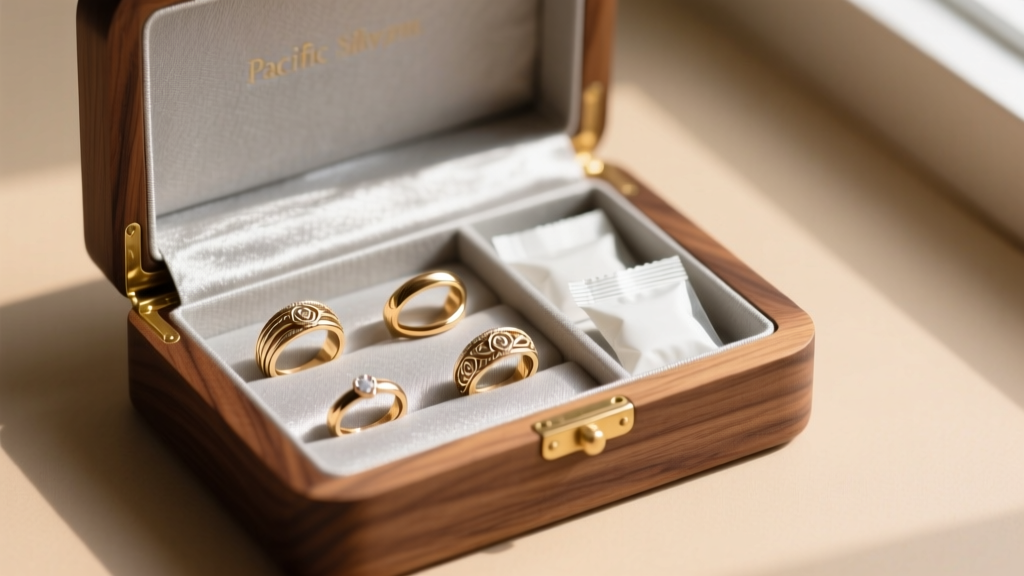 Cedar jewelry box lined with Pacific Silvercloth, holding silica packets and neatly arranged demi-fine vermeil stacking rings