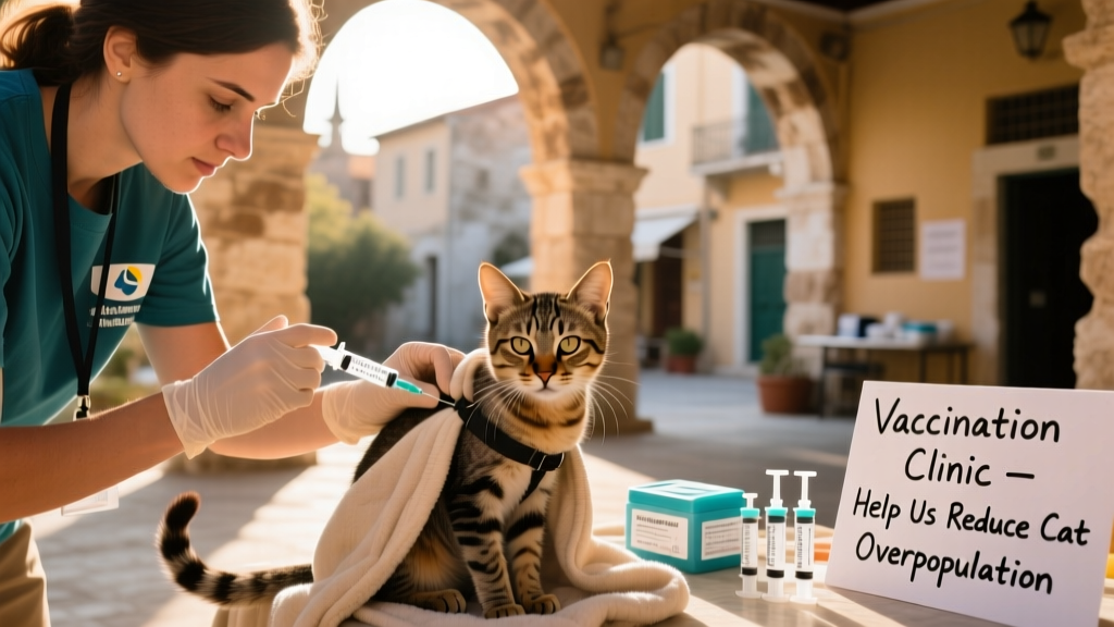 A volunteer from a local animal welfare group administering vaccines to stray cats during a community clinic in Athens