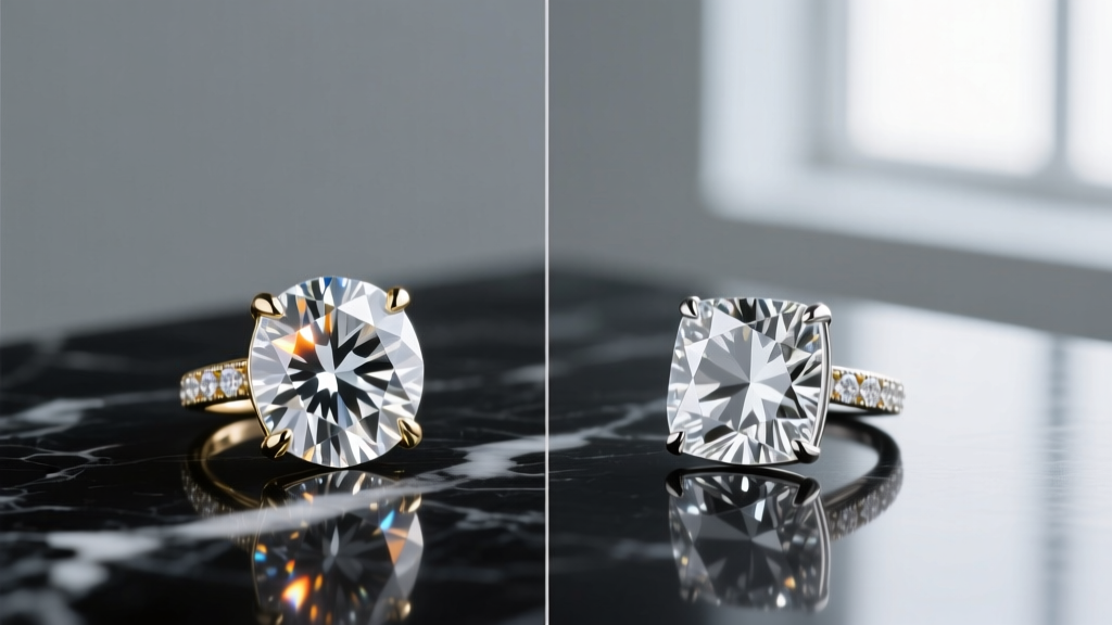 Side-by-side comparison of a natural diamond pendant and a cubic zirconia replica on a jeweler