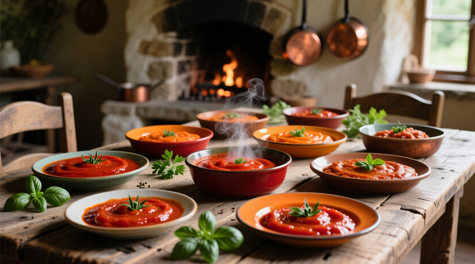 Colorful tomato sauce dishes on rustic table