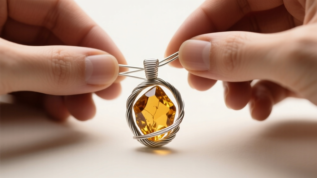 Jeweler using 20-gauge half-hard sterling silver wire to weave a secure basket setting around an irregular raw citrine pendant.