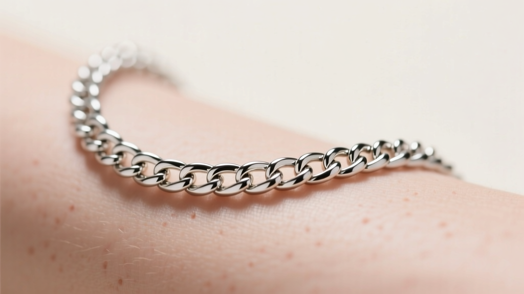 Macro shot of a 14-gauge rhodium-plated white gold box chain on bare skin, highlighting the cool and highly reflective luster.