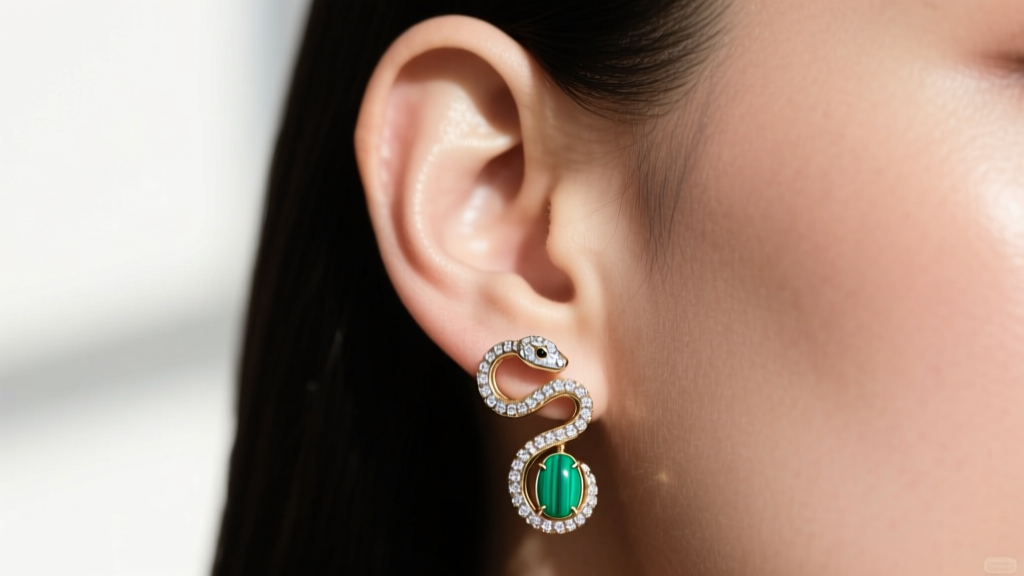 Macro shot of an earlobe wearing 18k white gold Serpenti Seduttori drop earrings with green malachite and diamond details.