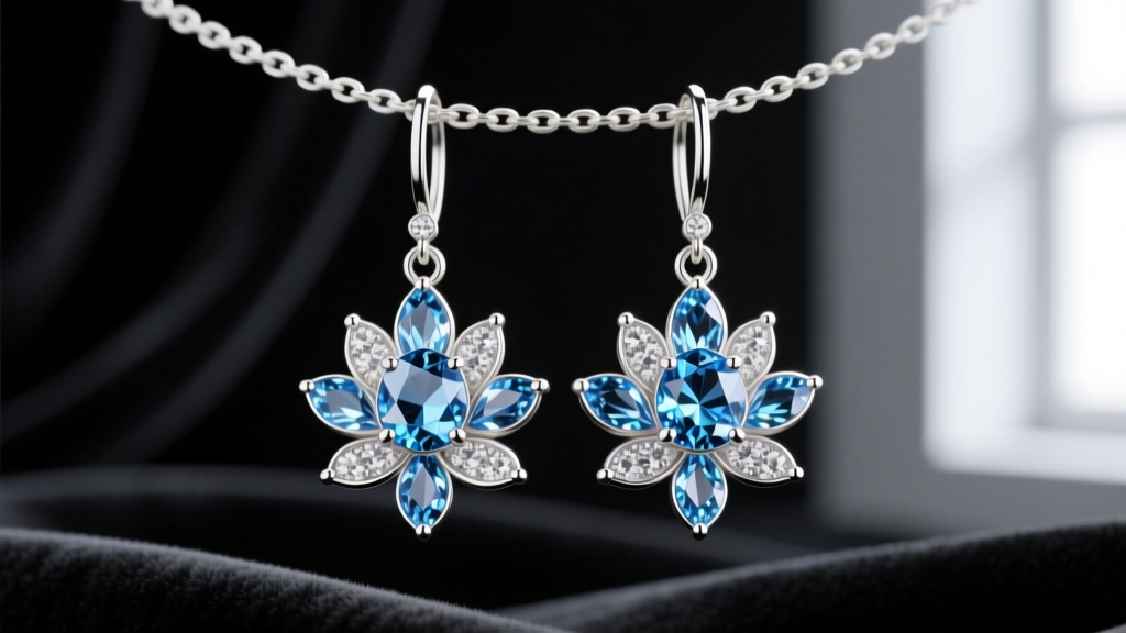 Macro shot of 18k white gold dangle earrings with pear-cut London blue topaz petals in a lotus motif against dark velvet